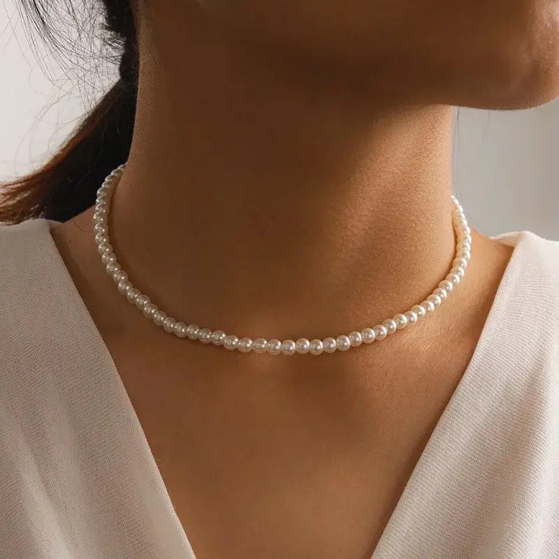 Crystal Blues - Elegant White Imitation Pearl Choker Necklace